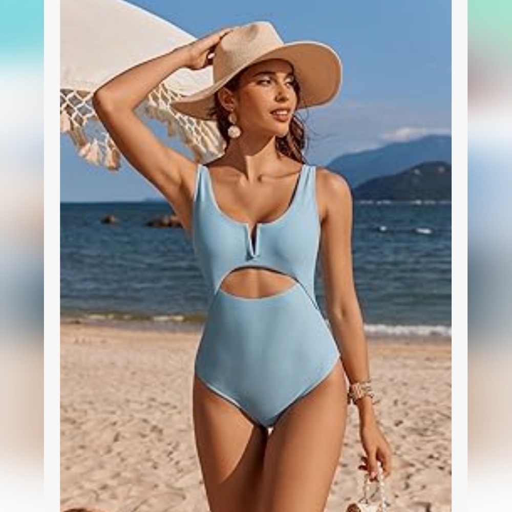 Light Blue Cutout One-Piece Swimsuit - Women